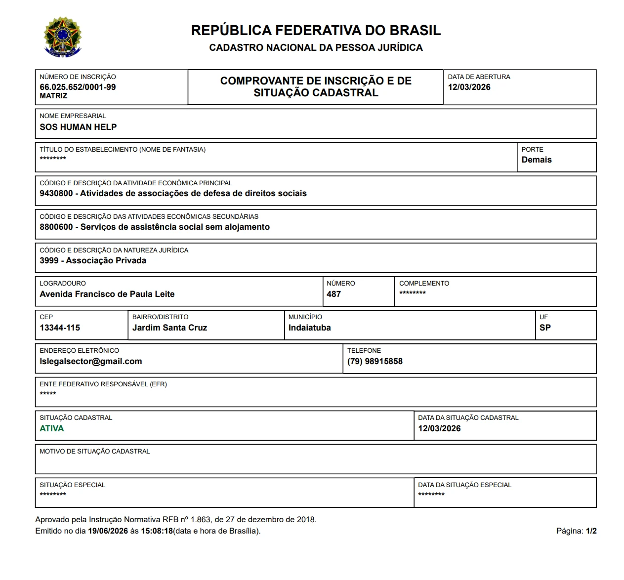 Cartão CNPJ SOS Human Help